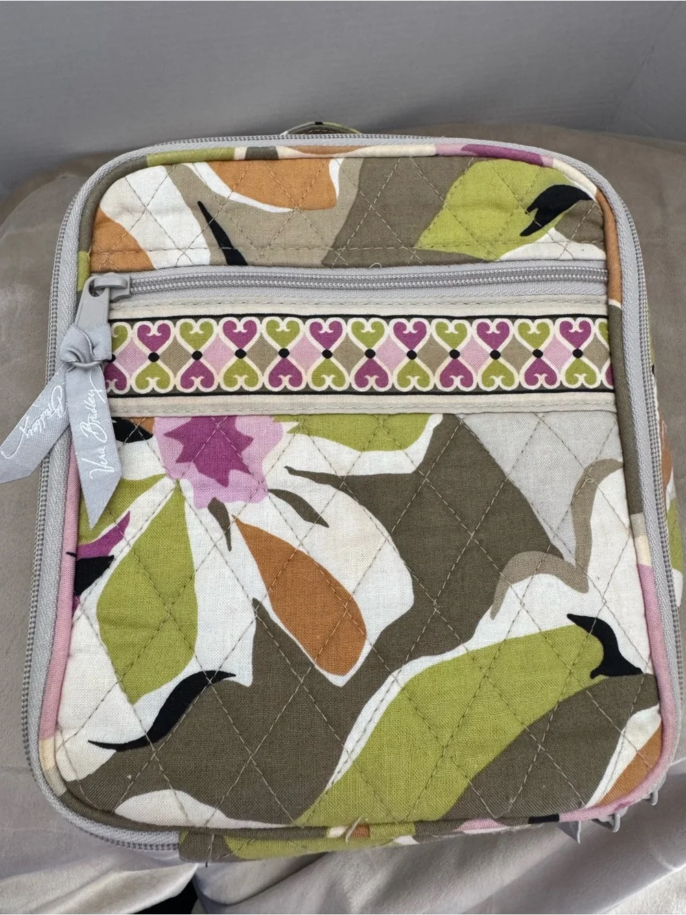 Vera Bradley Quilted Floral Cosmetic Bag in Olive, Pink & Tan